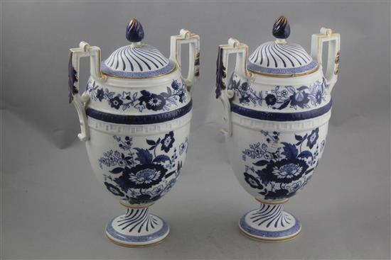 A pair of Copeland blue and white bone china oviform vases and covers, late 19th century, 30cm